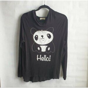 Enough About Me Top Sz L Panda Hoodie Long Sleeve Shirt‎ Juniors Girls Black